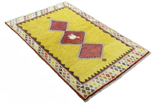Close-up detail of 2000s Persian Gabbeh rug from Iran / Persia showing Wool weave