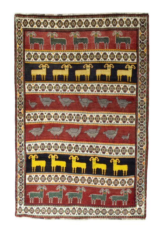 Full view of 2000s Persian Gabbeh rug from Iran / Persia, 235 × 154 cm in Multi Color tones