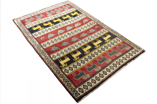 Close-up detail of 2000s Persian Gabbeh rug from Iran / Persia showing Wool weave