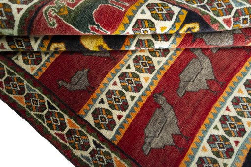 Full view of 2000s Persian Gabbeh rug from Iran / Persia, 235 × 154 cm in Multi Color tones