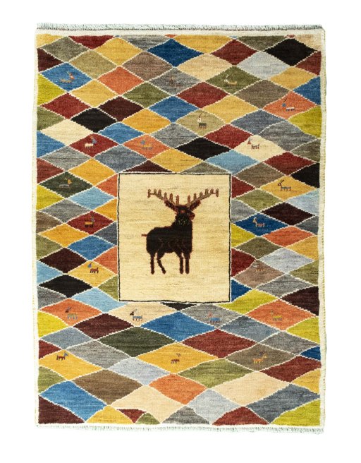 Full view of 2000s Persian Gabbeh rug from Iran / Persia, 150 × 109 cm in Multi Color tones