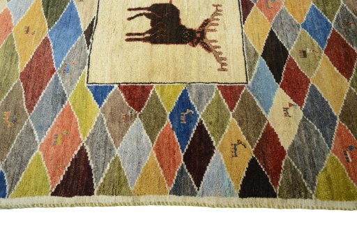 Close-up detail of 2000s Persian Gabbeh rug from Iran / Persia showing Wool weave