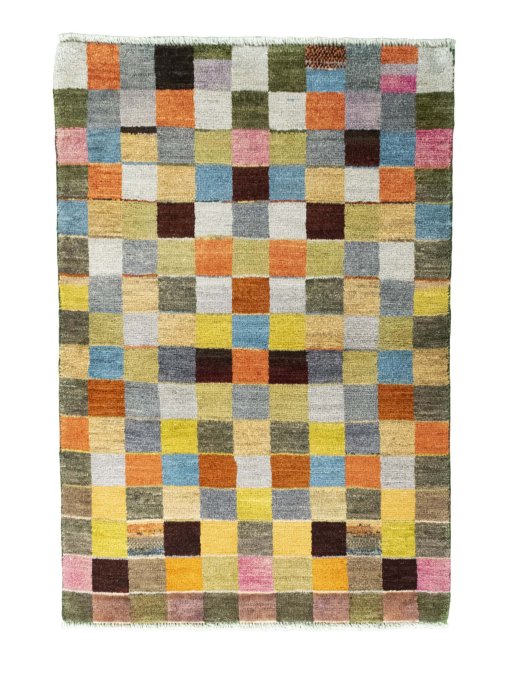 Full view of 2000s Persian Gabbeh rug from Iran / Persia, 141 × 96 cm in Multi Color tones