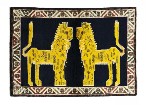 Full view of 2000s Persian Gabbeh rug from Iran / Persia, 149 × 105 cm in Blue tones