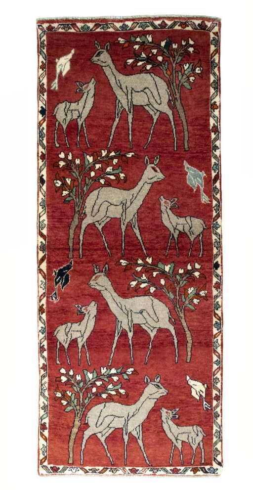 Full view of 2000s Persian Gabbeh rug from Iran / Persia, 210 × 83 cm in Red tones