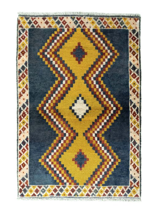 Full view of 2000s Persian Gabbeh rug from Iran / Persia, 150 × 101 cm in Multi Color tones