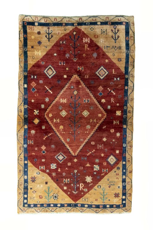 Full view of 2000s Persian Gabbeh rug from Iran / Persia, 199 × 118 cm in Red tones