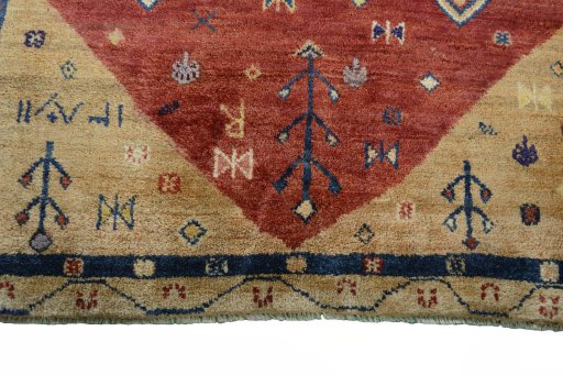 Close-up detail of 2000s Persian Gabbeh rug from Iran / Persia showing Wool weave