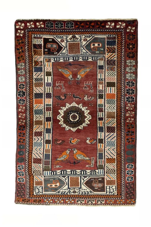 Full view of 2000s Persian Gabbeh rug from Iran / Persia, 161 × 106 cm in Red tones