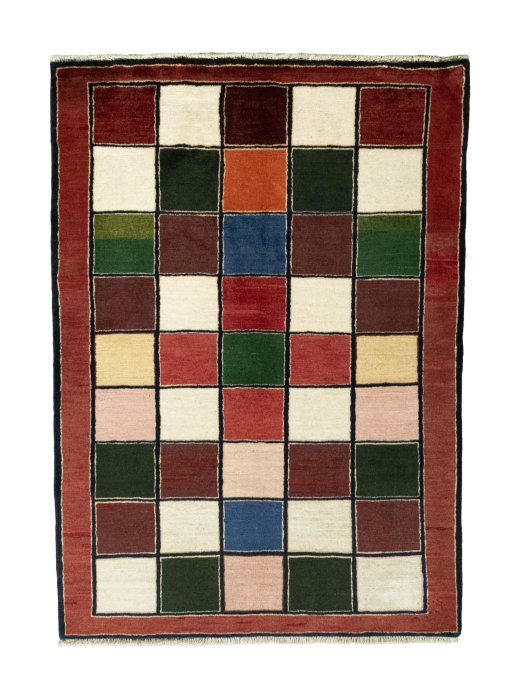 Full view of 2000s Persian Gabbeh rug from Iran / Persia, 145 × 102 cm in Multi Color tones