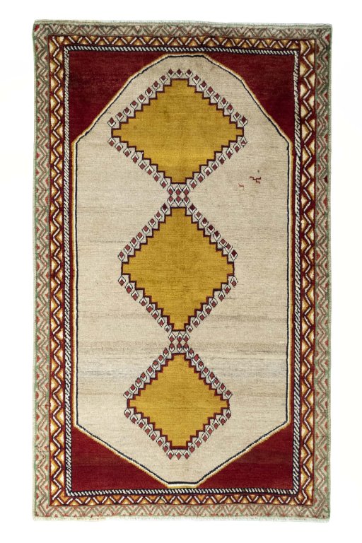 Full view of 2000s Persian Gabbeh rug from Iran / Persia, 226 × 133 cm in Beige tones