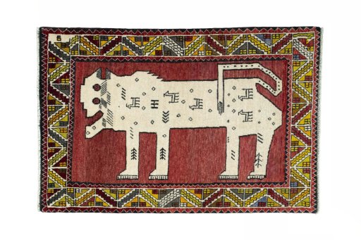 Full view of 2000s Persian Gabbeh rug from Iran / Persia, 153 × 103 cm in Red tones