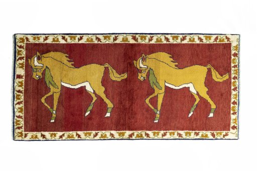 Full view of 2000s Persian Gabbeh rug from Iran / Persia, 181 × 87 cm in Red tones