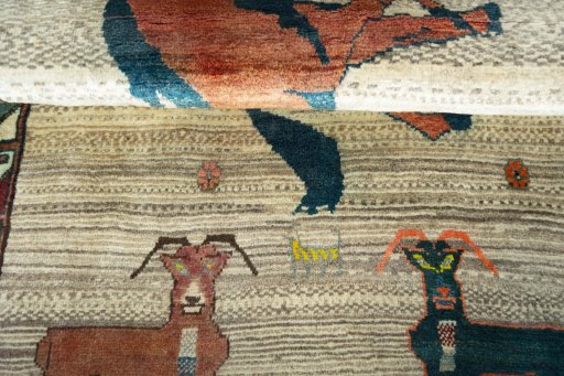 Full view of 2000s Persian Gabbeh rug from Iran / Persia, 184 × 99 cm in Gray tones