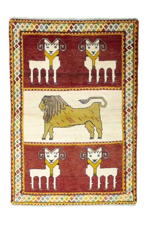 Full view of 2000s Persian Gabbeh rug from Iran / Persia, 157 × 108 cm in Red tones