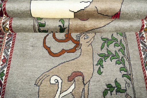 Full view of 2000s Persian Gabbeh rug from Iran / Persia, 208 × 101 cm in Gray tones