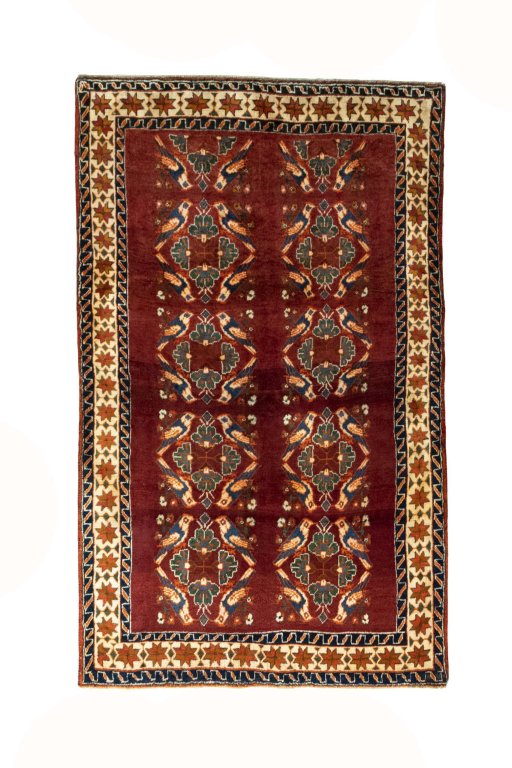 Full view of 2000s Persian Gabbeh rug from Iran / Persia, 233 × 141 cm in Red tones