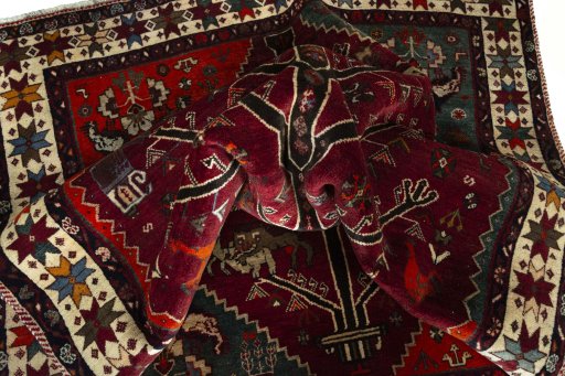 Close-up detail of 2000s Persian Gabbeh rug from Iran / Persia showing Wool weave