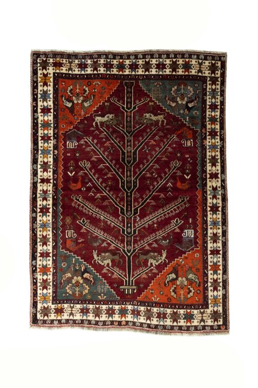 Full view of 2000s Persian Gabbeh rug from Iran / Persia, 197 × 141 cm in Red tones