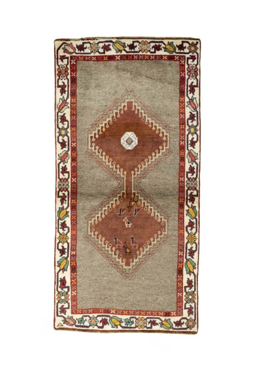 Full view of 2000s Persian Gabbeh rug from Iran / Persia, 173 × 86 cm in Gray tones
