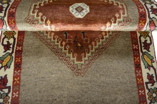 Full view of 2000s Persian Gabbeh rug from Iran / Persia, 173 × 86 cm in Gray tones