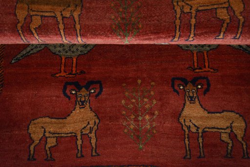 Full view of 2000s Persian Gabbeh rug from Iran / Persia, 150 × 120 cm in Red tones