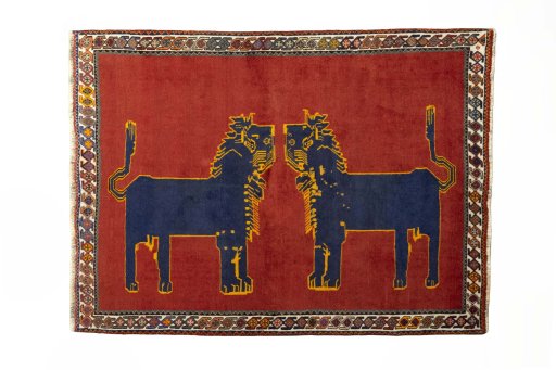Full view of 2000s Persian Gabbeh rug from Iran / Persia, 183 × 134 cm in Red tones
