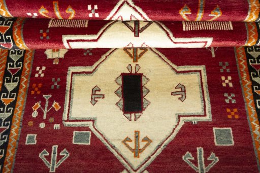 Full view of 2000s Persian Gabbeh rug from Iran / Persia, 203 × 112 cm in Red tones