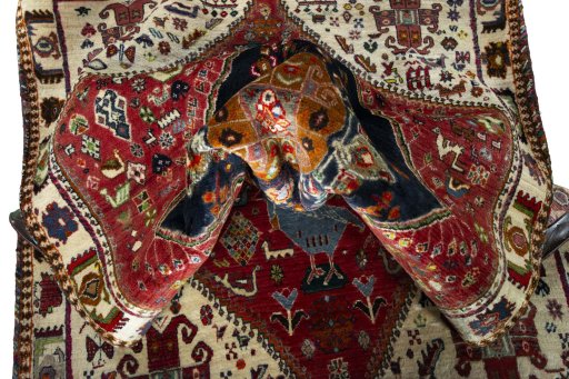 Close-up detail of 2000s Persian Gabbeh rug from Iran / Persia showing Wool weave