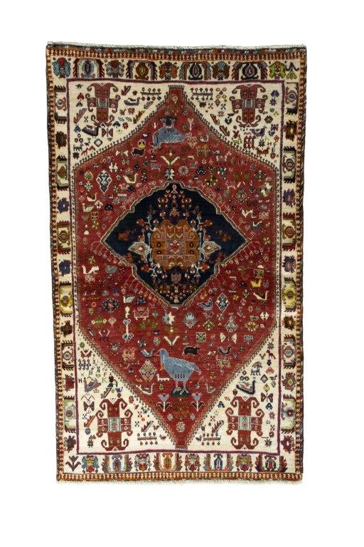 Full view of 2000s Persian Gabbeh rug from Iran / Persia, 190 × 112 cm in Red tones