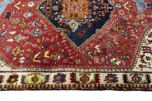 Full view of 2000s Persian Gabbeh rug from Iran / Persia, 190 × 112 cm in Red tones