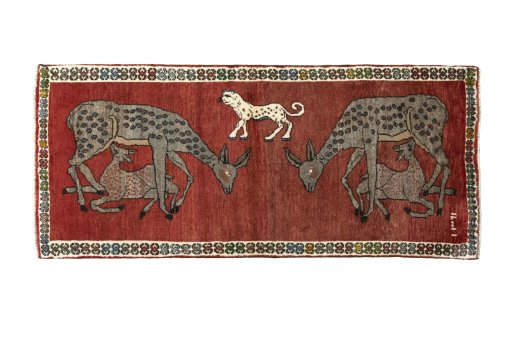 Full view of 2000s Persian Gabbeh rug from Iran / Persia, 184 × 80 cm in Red tones
