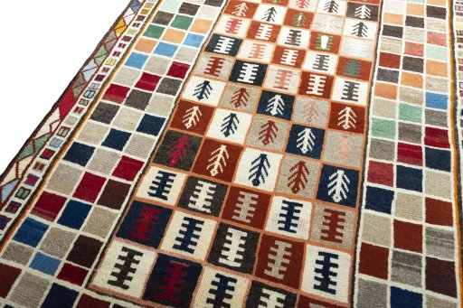 Backside of handmade 2000s Persian Gabbeh rug showing knot structure and weave density