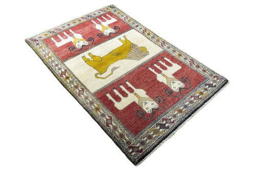 Close-up detail of 2000s Persian Gabbeh rug from Iran / Persia showing Wool weave