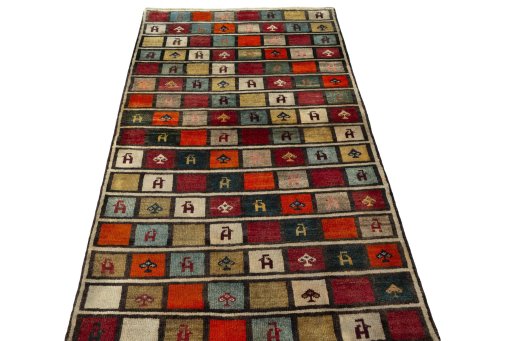 Surface texture of 2000s Persian Gabbeh rug with natural Wool and intricate pattern