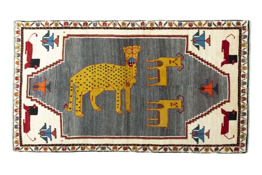 Full view of 2000s Persian Gabbeh rug from Iran / Persia, 198 × 111 cm in Gray tones