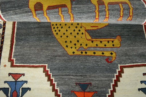 Full view of 2000s Persian Gabbeh rug from Iran / Persia, 198 × 111 cm in Gray tones