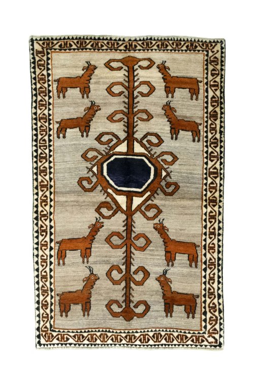 Full view of 2000s Persian Gabbeh rug from Iran / Persia, 235 × 146 cm in Gray tones