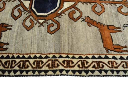 Full view of 2000s Persian Gabbeh rug from Iran / Persia, 235 × 146 cm in Gray tones