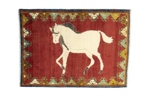Full view of 2000s Persian Gabbeh rug from Iran / Persia, 127 × 92 cm in Red tones
