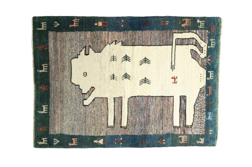 Full view of 2000s Persian Gabbeh rug from Iran / Persia, 142 × 103 cm in Multi Color tones
