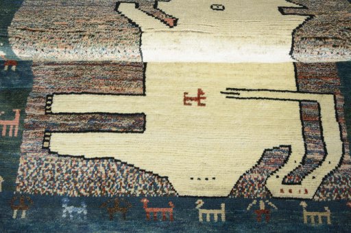 Full view of 2000s Persian Gabbeh rug from Iran / Persia, 142 × 103 cm in Multi Color tones