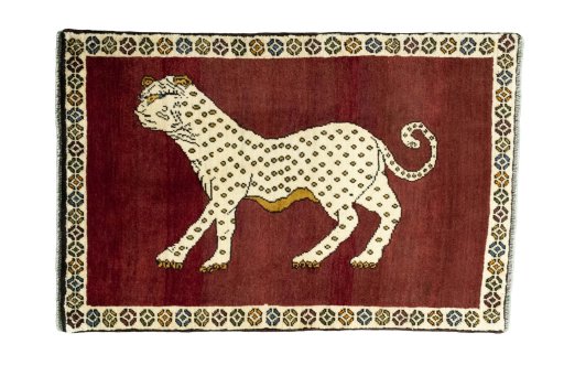 Full view of 2000s Persian Gabbeh rug from Iran / Persia, 127 × 83 cm in Red tones