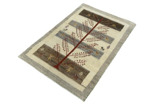 Corner detail of New Persian Gabbeh rug showing border pattern and Wool pile