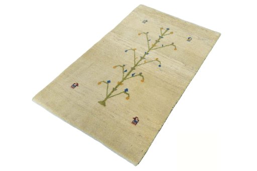 Corner detail of New Persian Gabbeh rug showing border pattern and Wool pile