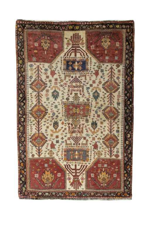 Full view of 2000s Persian Gabbeh rug from Iran / Persia, 150 × 100 cm in Beige tones