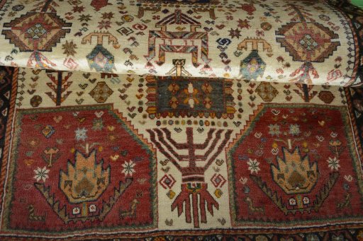 Full view of 2000s Persian Gabbeh rug from Iran / Persia, 150 × 100 cm in Beige tones