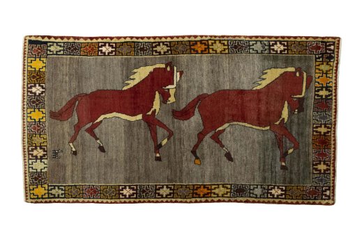 Full view of 2000s Persian Gabbeh rug from Iran / Persia, 186 × 100 cm in Gray tones