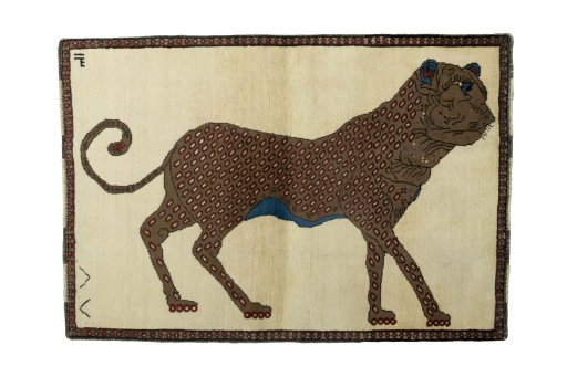 Full view of 2000s Persian Gabbeh rug from Iran / Persia, 155 × 108 cm in Beige tones