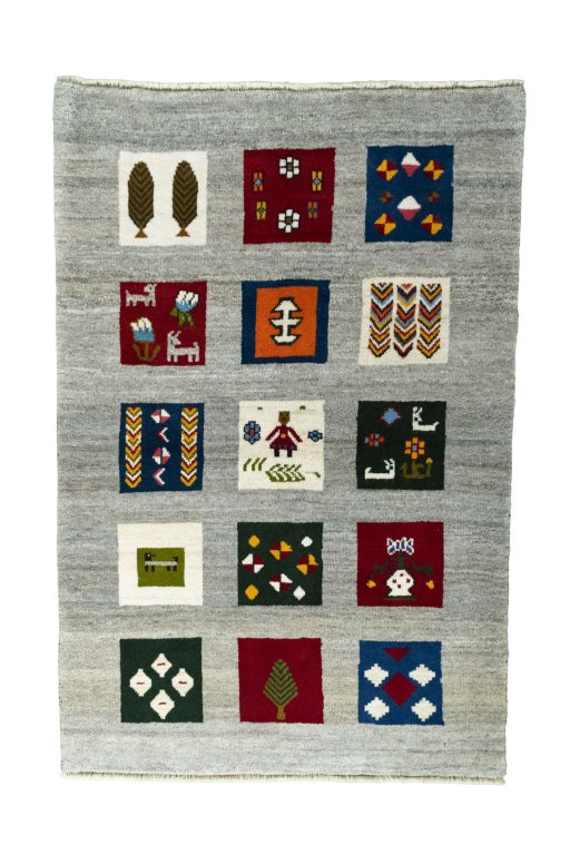 Full view of New Persian Gabbeh rug from Iran / Persia, 146 × 97 cm in Gray tones